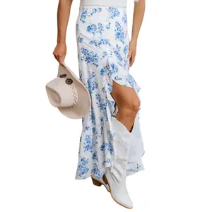 Asvivid Women's Boho Floral High-Waist Ruffle Split Maxi Skirt, Casual Stylish Chic Bottoms