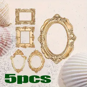 Vintage Resin Picture Frame 5pcs Mini Golden Picture Frames Small Ornaments Table Top Jewelry Display Photography Holder for DIY Photo Christmas Home Decor, Holiday Decorations, Elegant Design