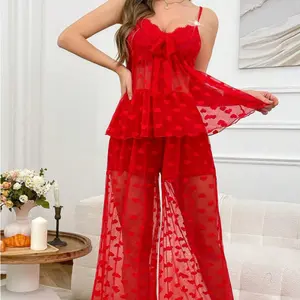 Women's Cami Sets With Lace Trim Red Sheer Printed Lotus Design Butterfly Detail 2 Piece Loungewear Sleepwear Gifts  Gifts