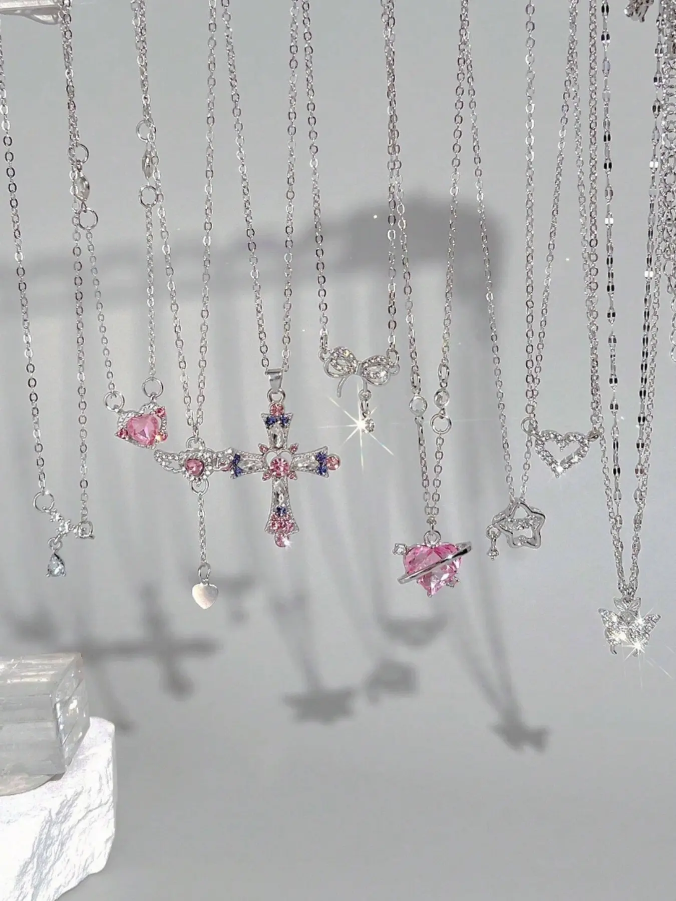 9 Piece Y2K Style Cute Vintage Colorful Crystal Cross Heart Moon Star Butterfly Wings Pendant Necklace Set, Assorted Necklaces, Heart Shaped Necklace, Celestial Pendant Necklace, Perfect for Parties and Gifts