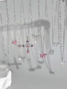 9 Piece Y2K Style Cute Vintage Colorful Crystal Cross Heart Moon Star Butterfly Wings Pendant Necklace Set, Heart Shaped Necklace, Perfect for Parties and Gifts