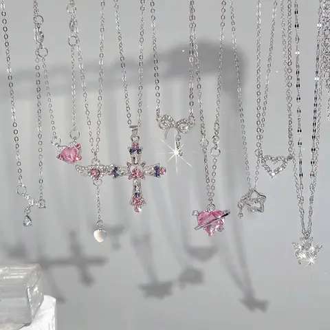 9 Piece Y2K Style Cute Vintage Colorful Crystal Cross Heart Moon Star Butterfly Wings Pendant Necklace Set, Trendy Necklace, Heart Shaped Necklace, Celestial Pendant Necklace, Perfect for Parties and Gifts