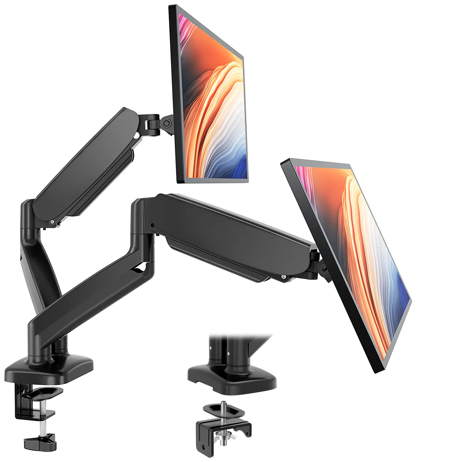 Ergonomic Adjustable Computer Monitor Stand - Modern Single/Dual Arm Desktop Mount, Advanced Gas Spring, Swivel VESA Bracket, Clamp-Grommet Base for 13-32in VESA Screens (4.4-17.6 lbs, Assembly Required)
