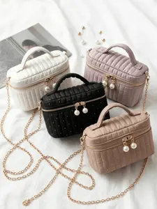 Women's Mini makeup bag — A Cute, Compact, and Stylish Box-Style Crossbody Pouch. Featuring a Soft, Quilted Design and Elegant Sequin Accents, this Versatile Accessory Doubles as a Chic Wallet or Handbag, Complete with a Metal Chain Strap.