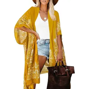 Women's Ethnic Pattern Batwing Sleeve Kimono, Casual Three Quarter Length Sleeve Split Hem Kimono, Ladies Summer Swimwear for Beach VacationGift