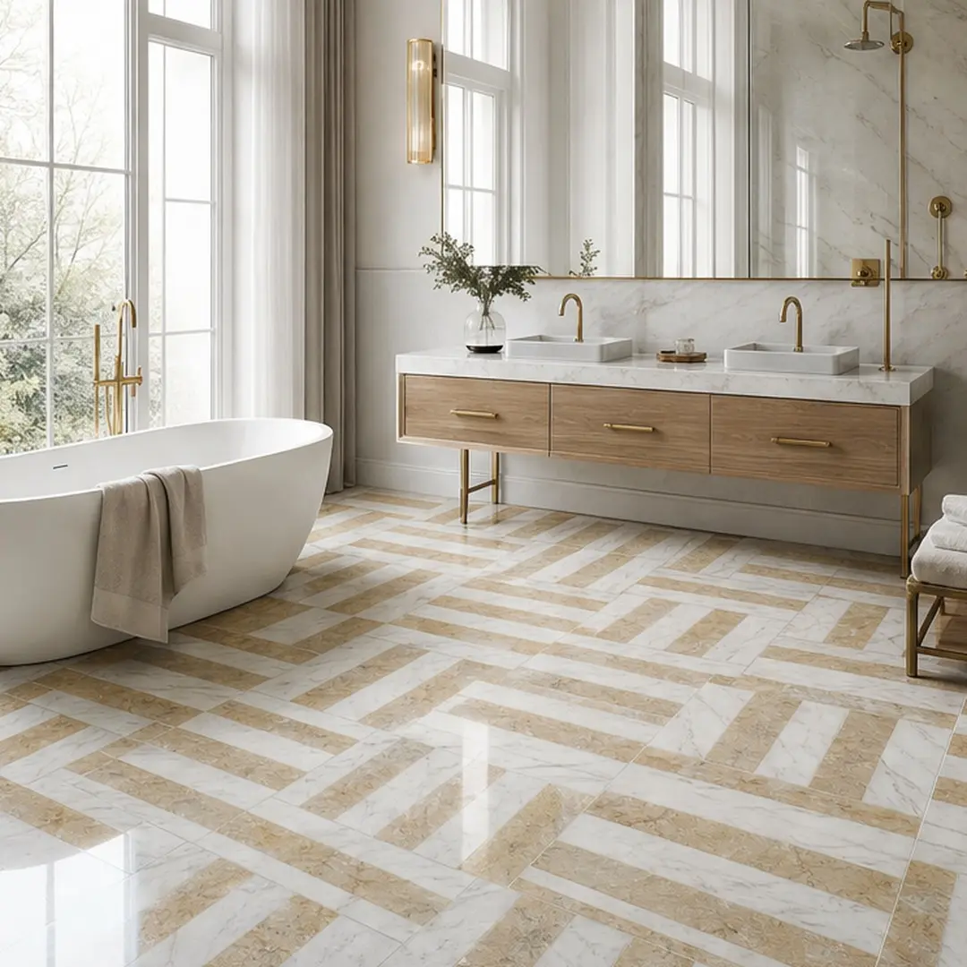 Genuine Natural Marble Tile Set - 12x12 in Waterjet Polished White Gold, 5/8 in Thick (12.00 W x 12.00 D x 0.70 H in), 8 Tiles/10.00 Lb Per Box, 2 Facet Patterns, Square, for Home Floors, Commercial Lobbies, Corridors, Home Improvement Wall/Floor Use