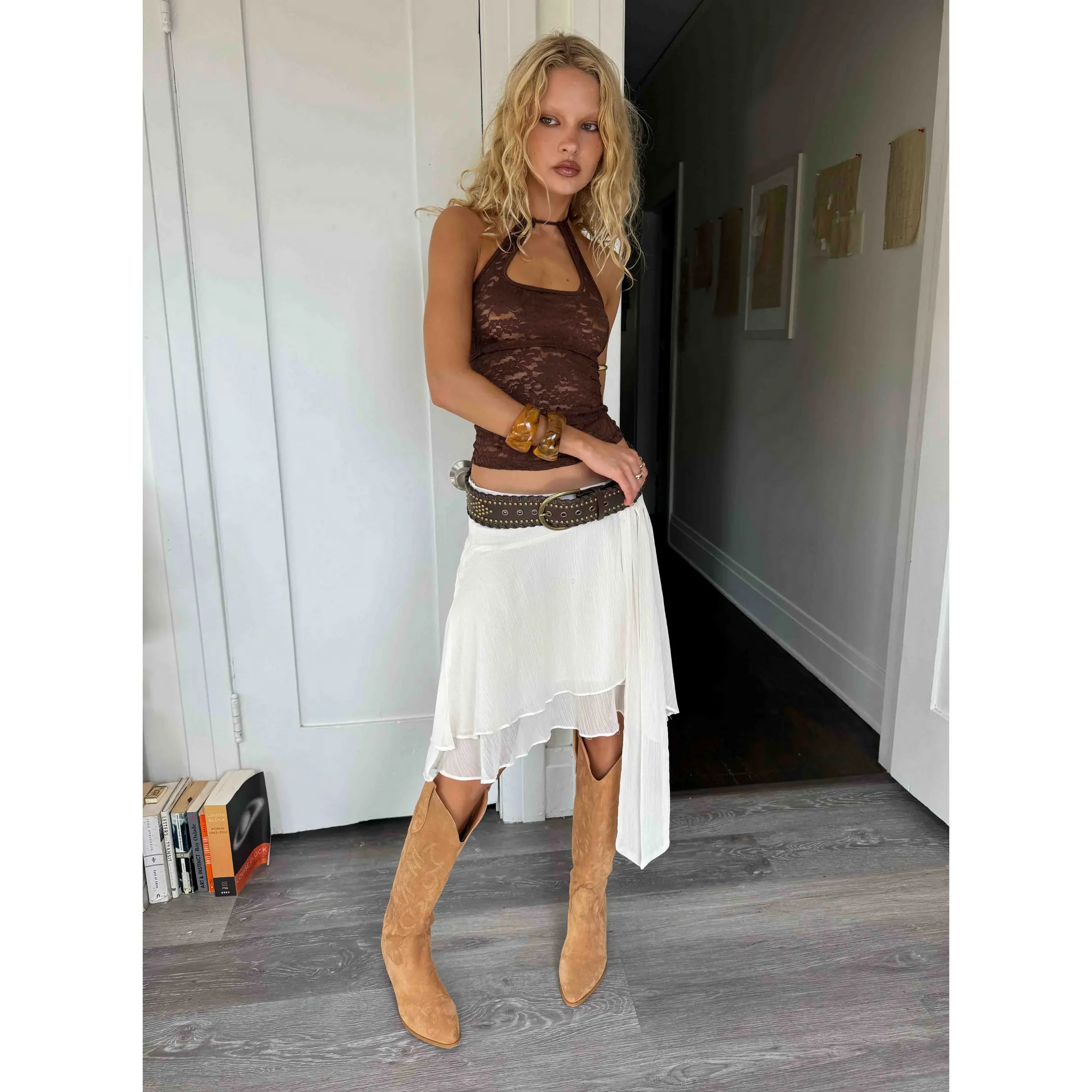 Ophella Tie Waist Chiffon Midi Skirt Cream