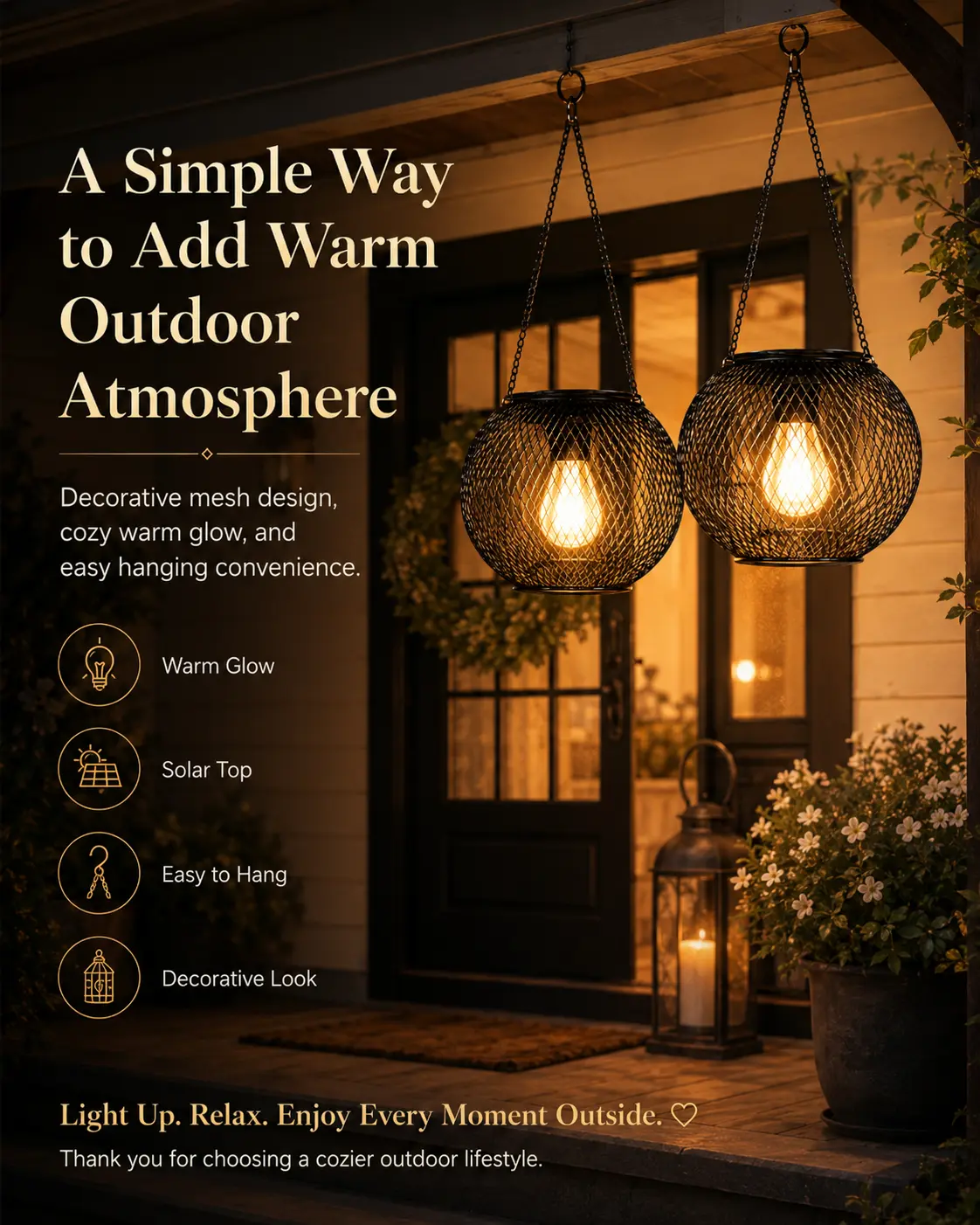 2-Pack Solar Hanging Lanterns with Metal Cage Design, Waterproof Outdoor Decorative Lights for Garden, Patio