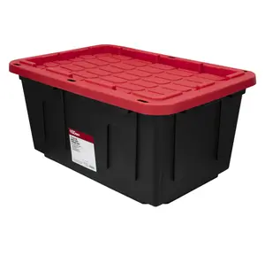 Hyper Tough 27 Gallon Large Storage Bin with Snap Lid, Black and Red, Heavy Duty Plastic Storage Container