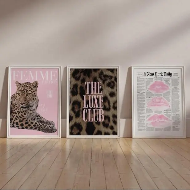 Chic Leopard Cheetah Print Gallery Pink Wall Set Of 3 newspaper lips pink trendy The Luxe Club leopard