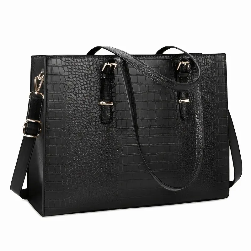 Women's Large Laptop Briefcase Handbag with Alligator - Retro Multi-Compartment Work Bag, Detachable Shoulder/Wrist Strap & Zipper Closure, Compatible for 15.6-inch Tablet/Laptop, Office Business Bag for /Daily Use