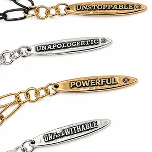 Katia Designs Choose Your Message Vertical Bar Klink Necklace 46" Tarnish Proof Brass Paperclip Chain with Magnetic Clasp POWERFUL UNSTOPPABLE UNFUCKWITHABLE UNAPOLOGETIC