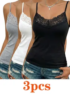 Women's 3-Piece Set All-Seasons Lingerie, Contrast Lace Backless Tank Tops, Breathable Solid Color Innerwear, Elegant Sleeveless Yoga Wear