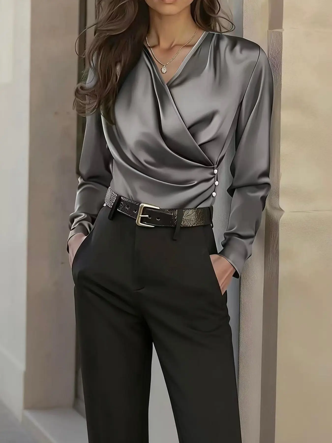 Women's Satin Smooth Asymmetrical Fitted Long Sleeve Top, Elegant Commute Office Casual Wear, Stylish Ladies' Blouse for Everyday Fashion Womenswear Shirts