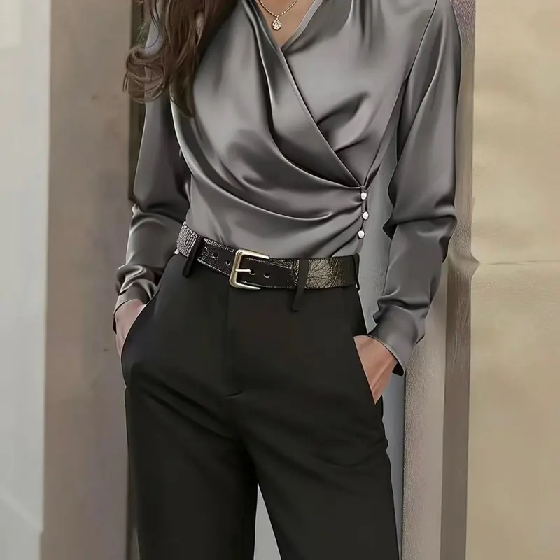 Women's Satin Asymmetrical Fitted Long Sleeve Top, Elegant Chic Commute Office Casual Wear, Stylish Ladies' Blouse for Everyday Fashion Womenswear Shirts