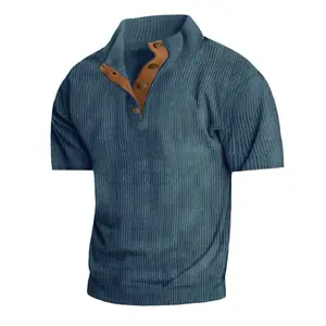 Men's Corduroy Short Sleeve Pullover Shirt Vintage Stand Collar Casual Outdoor Top Knitted Texture Button Detail Lightweight Sweater 100% Polyester 230gsm Classic Aesthetics