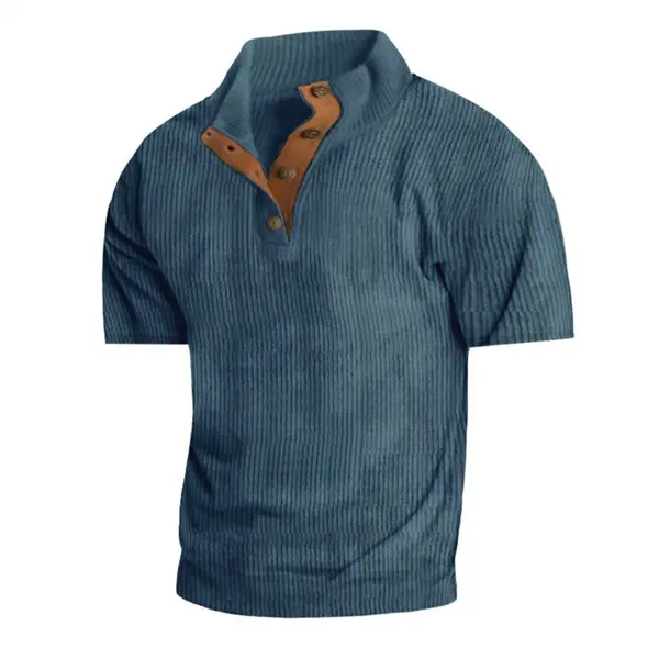 Men's Corduroy Short Sleeve Pullover Shirt Vintage Stand Collar Casual Outdoor Top Knitted Texture Button Detail Lightweight Sweater 100% Polyester 230gsm Classic Aesthetics
