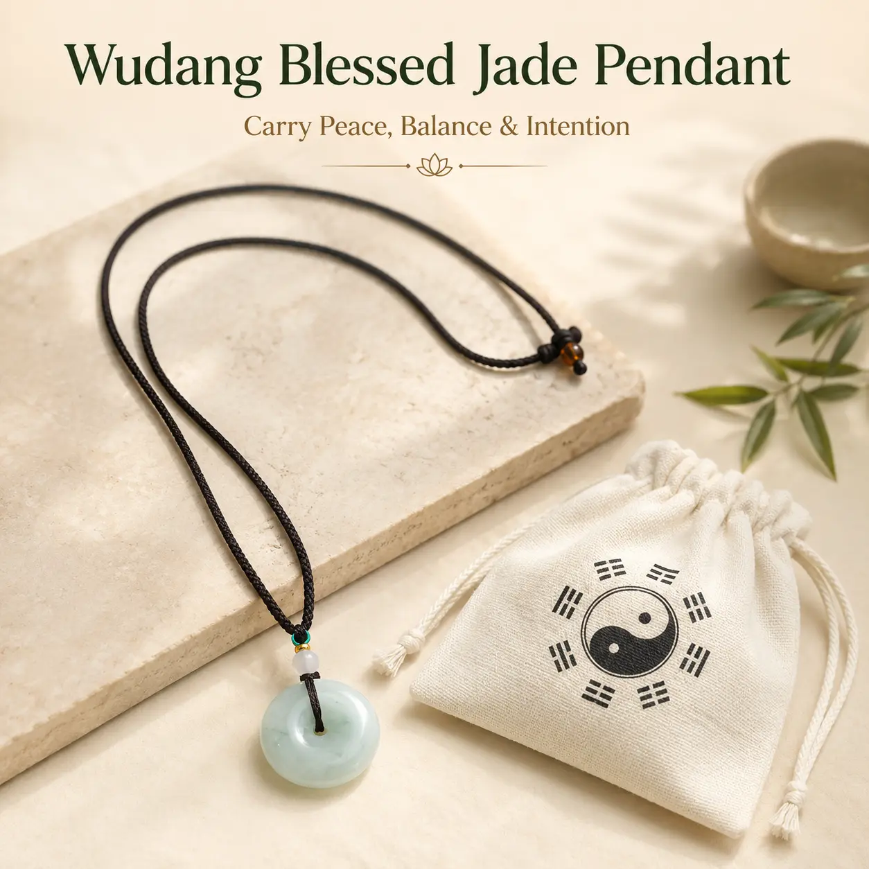 Unisex Wudang Inspired Natural Jade Bi Disc Shape Pendant Necklace, Amulet Jewelry for Balance, Inner Peace, Meaningful Daily Wear Gift