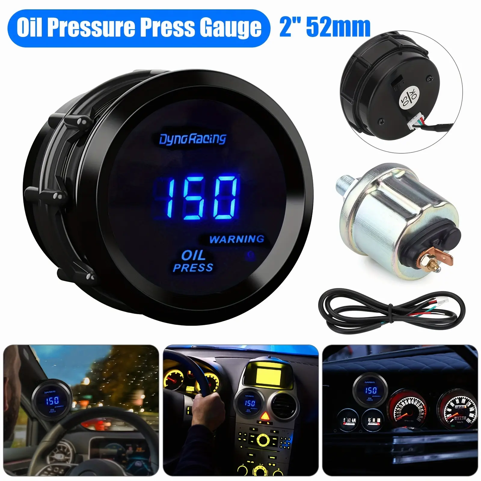 LED Oil Pressure Press Gauge with Sensor, Digital Electronic Meter, 2" 52mm, 0-150PSI, DC 12V, Universal for Car