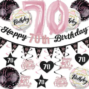 70th Birthday Decorations Set, & Glitter Banner, 70 Number Foil Balloons, Hanging Swirls & Pennant Bunting, Party Supplies