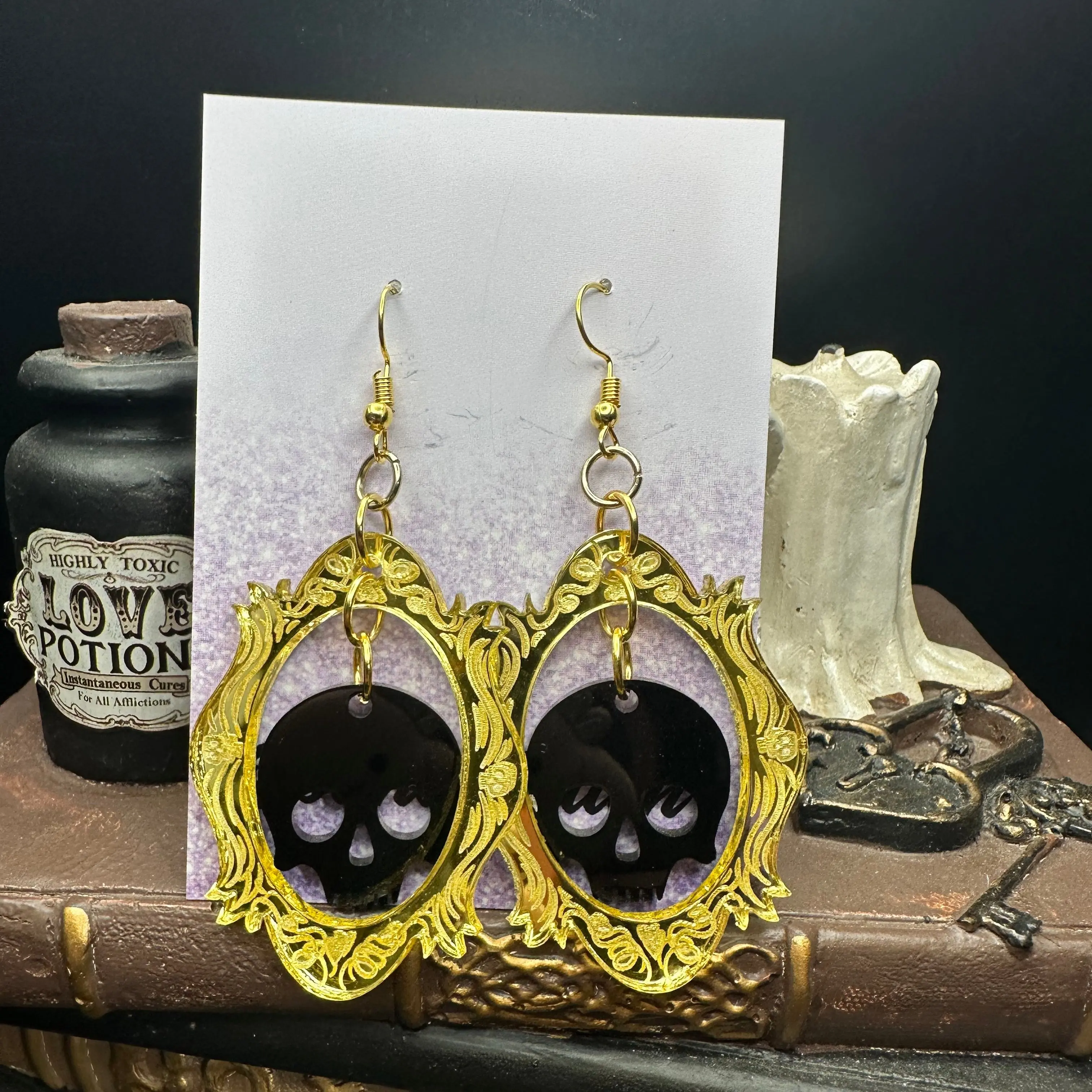 Halloween Photo Frame Mirrored Gold Acrylic & Black Skull Earrings