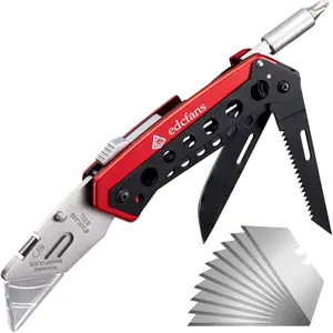 Folding pocket utility knife heavy duty box cutter with flat head and phillips screwdriver, saw, fruit knife, belt clip, quick change blades lock back design(10 blades)