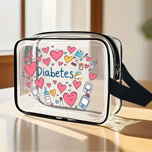 Transparent Diabetes Storage Bag, Heart Pattern Design, Clear Material, Easy Organization, Organizational Zipper Storage, Health Management Accessory, Travel Organizer Bag, Portable Organizer