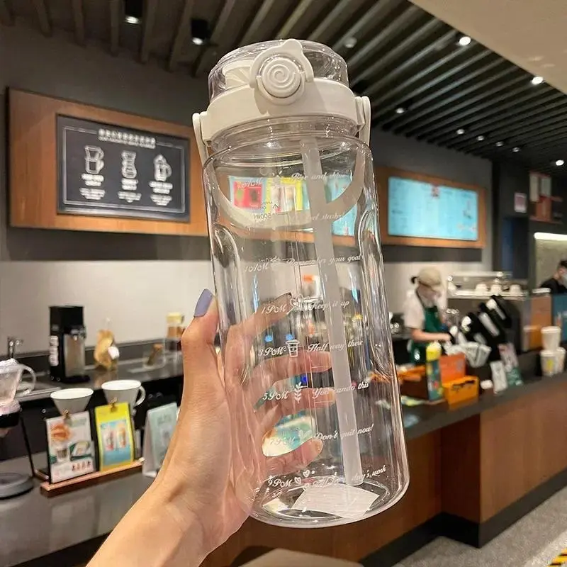 1.5/2 Liter Sport Straw Water Bottle with Time Scale Plastic Summer Cold Juice Water Cup Large Capacity Portable Water Bottles