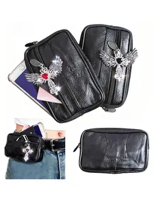 Punk Style Genuine Leather men's wallet mini Waist Bag with Wing Rhinestone Pendant, Multi-Purpose Mini Phone Pouch, Ideal for Travel and Daily Use