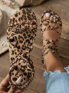 New Leopard Print Flat Sandals, Classic Vintage Look, Cross Strap Design, Soft Elastic Sole, Comfortable All Season Wear