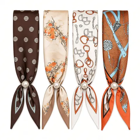 Women's 3-Piece Minimalist Scarf Print Fashion Accessory Set - Magnetic Buckle Pearl Neck Scarf, Slim Satin Necktie, Women's Headband (New Arrival, Anniversary) for Casual/Formal Wear, All Seasons Female Adult Accessories