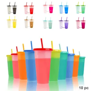 10 Pack Color-changing Cups with Straws and Lids, Reusable Water Cups, Multi-colored Plastic Cups with Lids, Travel Cups, large-capacity Cups for Iced Coffee, Tea, and Milkshakes, Suitable for Adults and Children, Parties, Birthday Gatherings, Pool(24 oz)