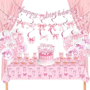 Bow Birthday Decorations - Girl Bow Themed Party Supplies with Glittery Happy Birthday Banner Fringe Curtains  Swirls & Cake Toppers for Girls  Shower Bachelorette Party Decor