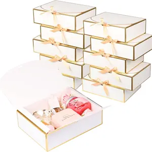 10-Pack Gold Trim Gift Boxes, Champagne Color Bow Tie, Foldable Lid, Birthday Wedding Bridesmaid Return Gifts, Empty Gift Boxes