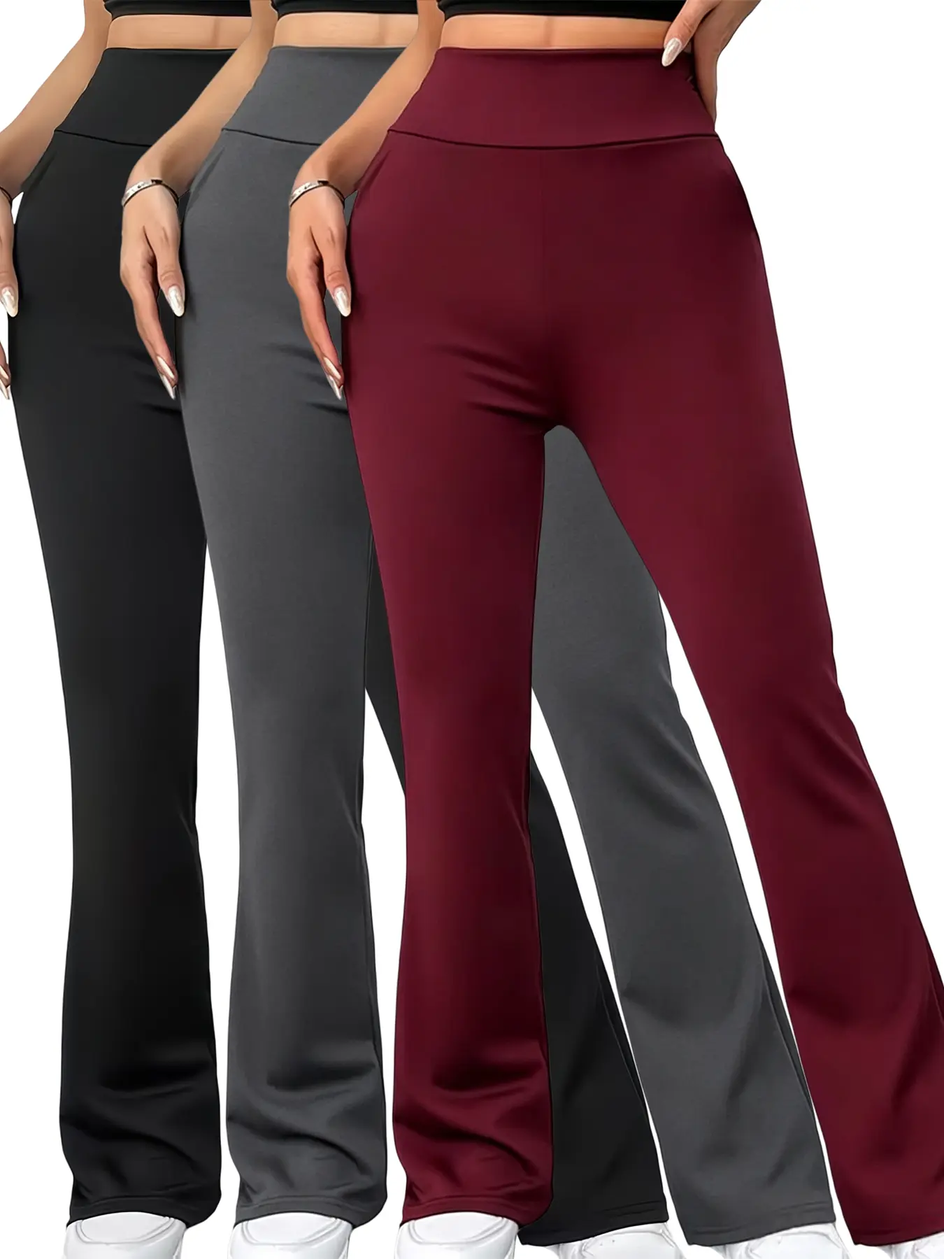 High Rise Tummy Control Flare Leggings Set, Black Grey Red, Breathable Moisture-Wicking Slimming Stretch Pants for Women's Yoga Fitness