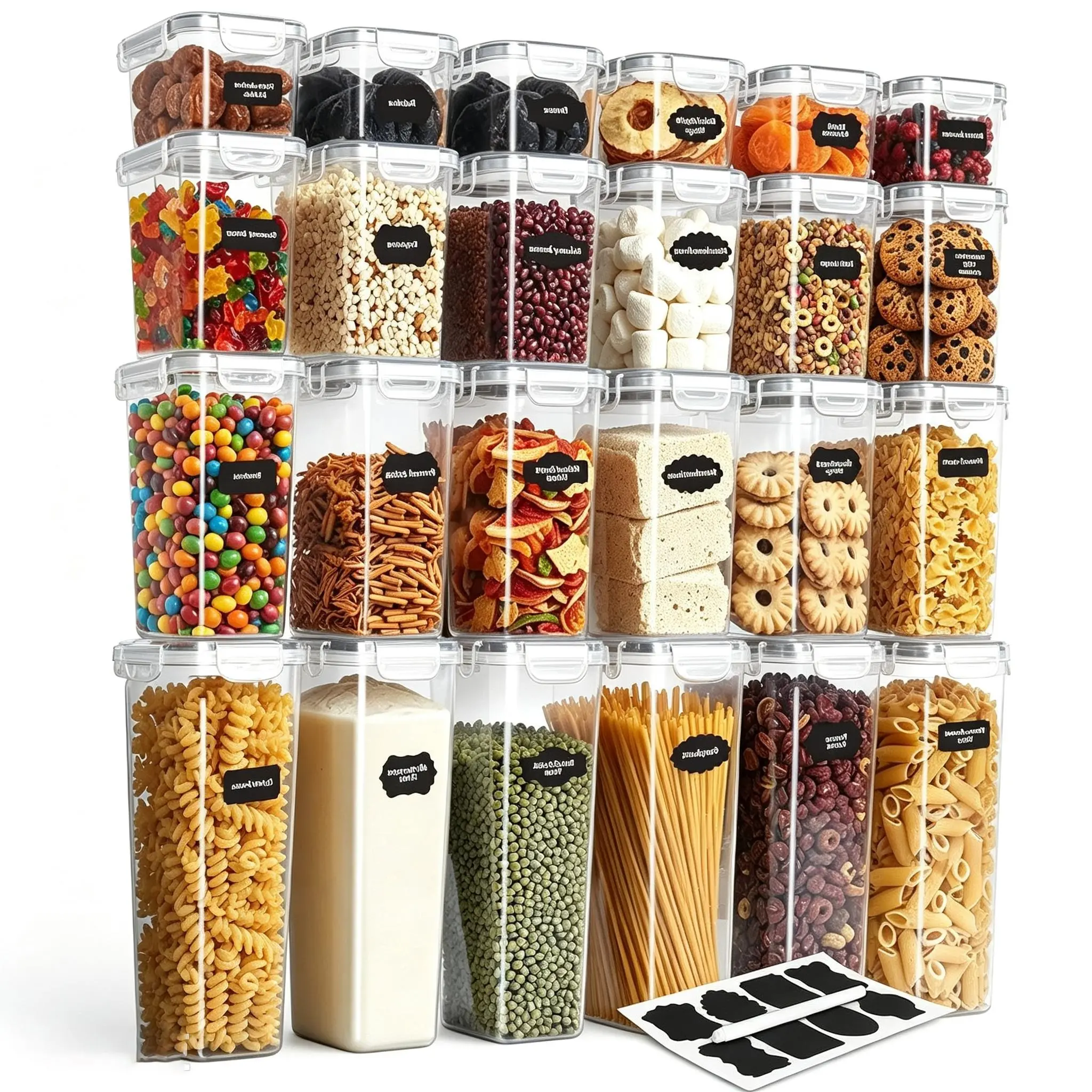 Kitchen Storage Container Set, 24 Airtight Food Jars, airtight design helps preserve freshness, ideal for storing pasta, noodles, flour, grains, and pet food, BPA-free
