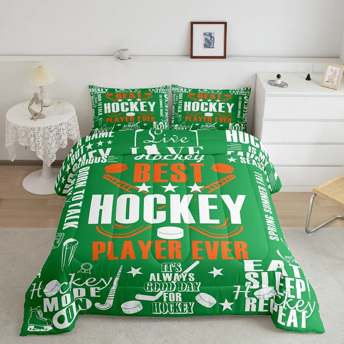 Feelyou Boys' Durable 2-Piece Hockey Duvet Set - Soft, Breathable, Motivational Comforter with Insert, Machine Washable, All-Season, Travel-Friendly Bedding for Winter Sports Lovers (Queen & Multi-Size)