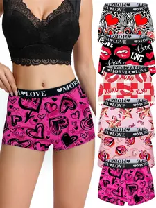 6-Pack Women's Cute Cartoon & Heart Print Boxer Briefs, Fashionable & Lovely Design, Stretchy Fabric & Waistband, Soft Comfort Casual Underwear Set, Stretchy Panties