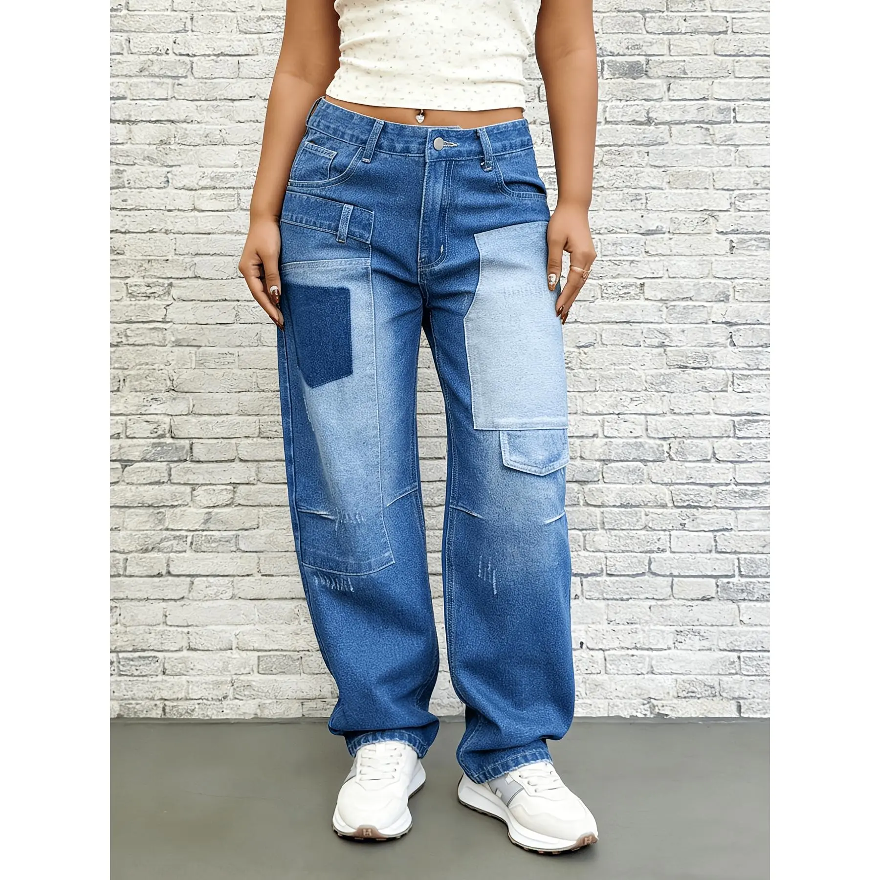 Women'S Jeans with a Loose Fit, Featuring Retro Washed Pocket Patchwork And Cone Fit Design