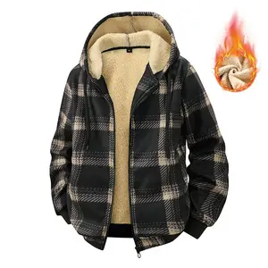 Men's Plaid Sherpa-Lined Hooded Jacket Full-Zip Warm Winter Coat Casual Checkered Outerwear with Fleece Lining for Cold Weather Long Style Functional
