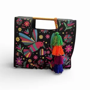 Black Mexican Otomi Embroidery-Style Tote Bag with Wooden Handle and Colorful Tassel for Stylish Everyday Use