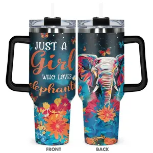 Elephant & Floral Pattern Tumbler, 40oz Stainless Steel Water Bottle, Insulated and Durable Water Cup for Birthdays, Holidays