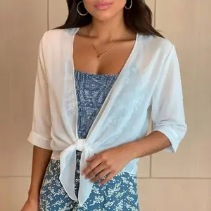 Women's Chiffon Shrug Cropped Cardigan, Half Sleeve Tie Knot Open Front Sheer Kimono, Sun Protection Beach Cover Up for Swimwear & Dresses, Multi-Colo