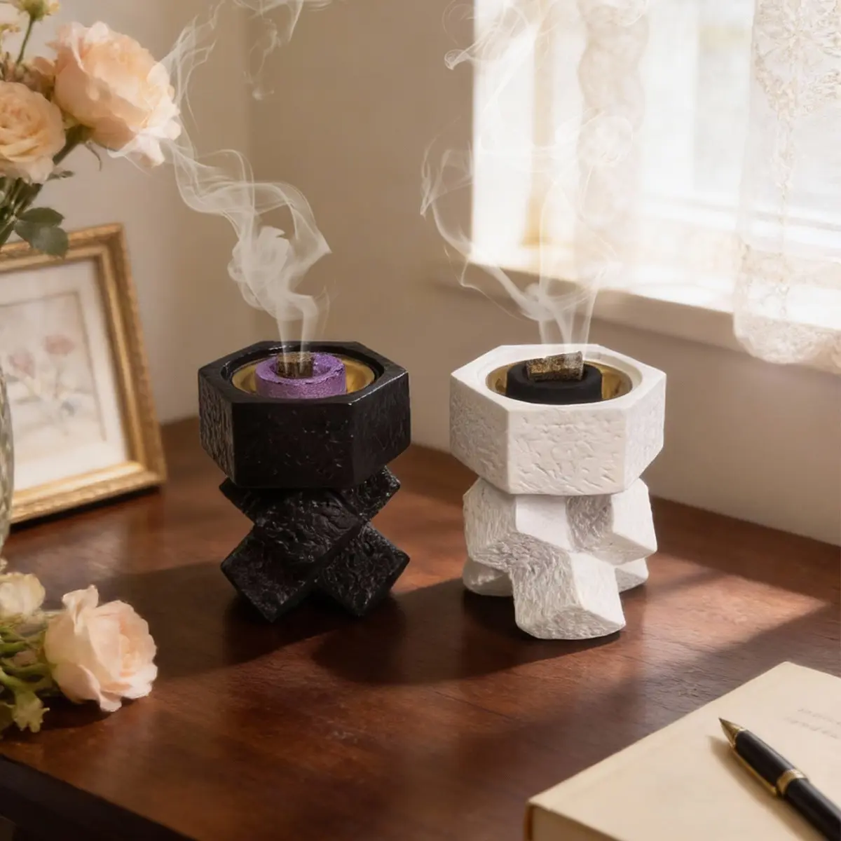 Resin Incense Burner Geometric Design, Simple Style, Ramadan Decoration, Dual Use for Home Office Festivals Parties Yoga Meditation, Fragrance, Gift