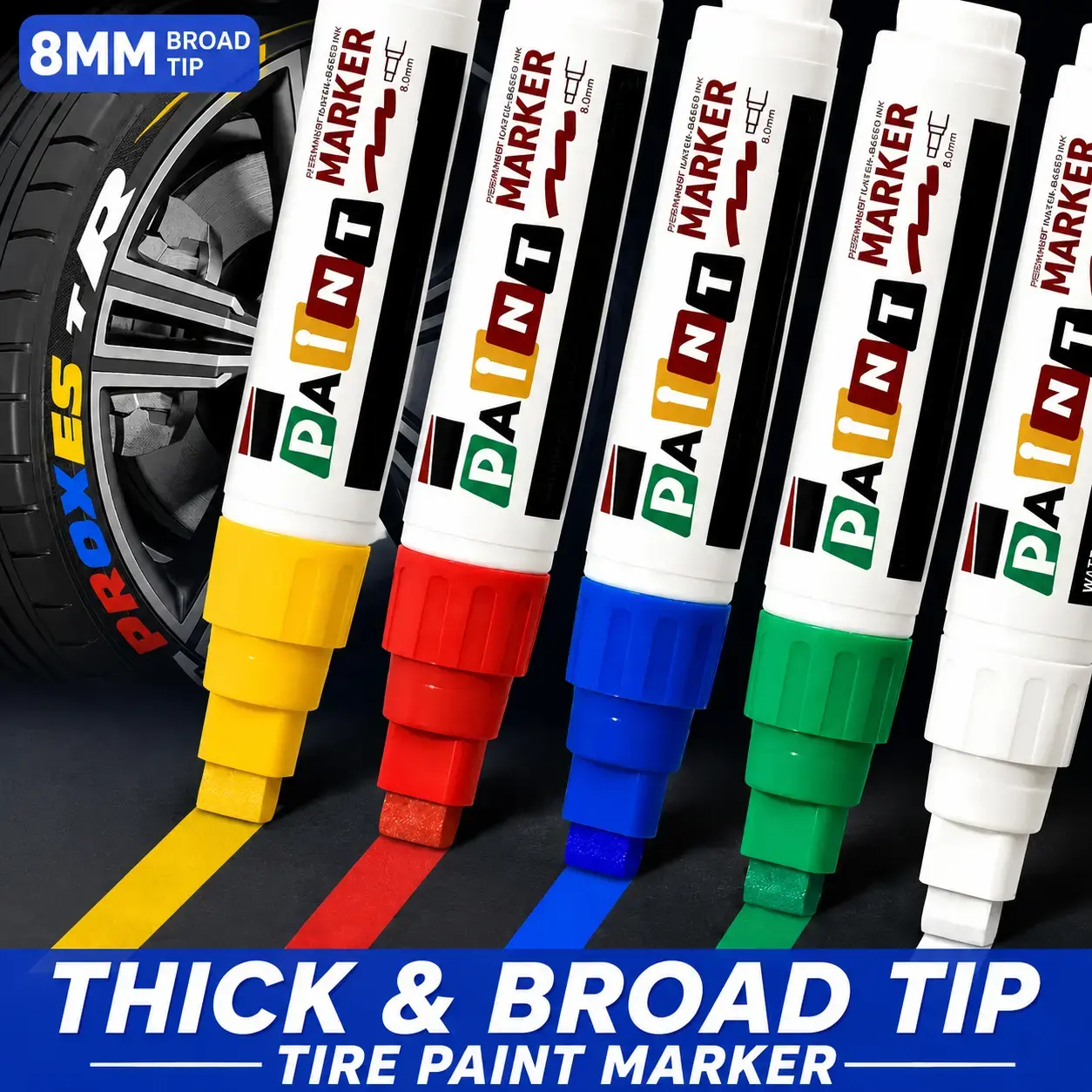 8MM Broad Tip Tire Paint Marker Set, Waterproof Car Tire Lettering Paint Pen for Auto Wheel Decoration, Thick Tip Permanent Marker for Cars, Trucks, Motorcycles, Bikes, DIY Tire Letter Coloring