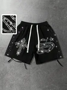 Men's Rhinestone Cross Snake Print Drawstring Shorts, Gothic Street Style Vintage Sports Pants, Trendy Men's Fashion, Raw Cut Shorts, Streetwear Sports Shorts