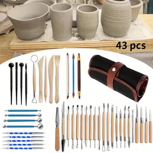 43pcs Complete Clay Sculpting & Pottery Tool Set with Ergonomic Handle & Storage bag - Heavy-Duty Plastic Craft Kit for Sculpting, Carving, Ceramic, Glass