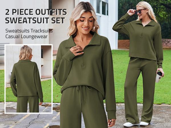 PINSPARK 2 Piece Sets for Women 1/2 Zip Sweatsuit Loose Fit Sweatshirt Straight Leg Pants 2025 Matching Outfit Fall Tracksuit tiktokshopbacktoschool,back to school,back to school haul