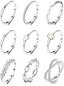 Women's 9pcs 14k Plated Stacking Rings Set, Stackable Rings, Cz Heart Design, Plain Style, Stainless Steel Material, Sizes 6-11