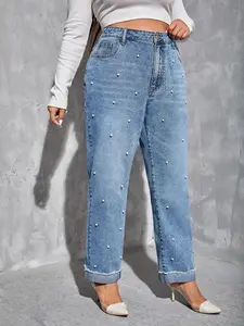 【Plus Size】 Faux Pearl Decor Denim Jeans, Basic Fashion Casual Minimalist Jeans for Daily Outdoor Wear, Women Clothing for All Seasons, Womenswear, Bottom, Pants